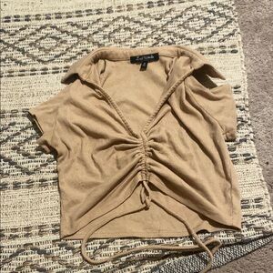 Cream Polo Crop Top with Ruched Tie Front